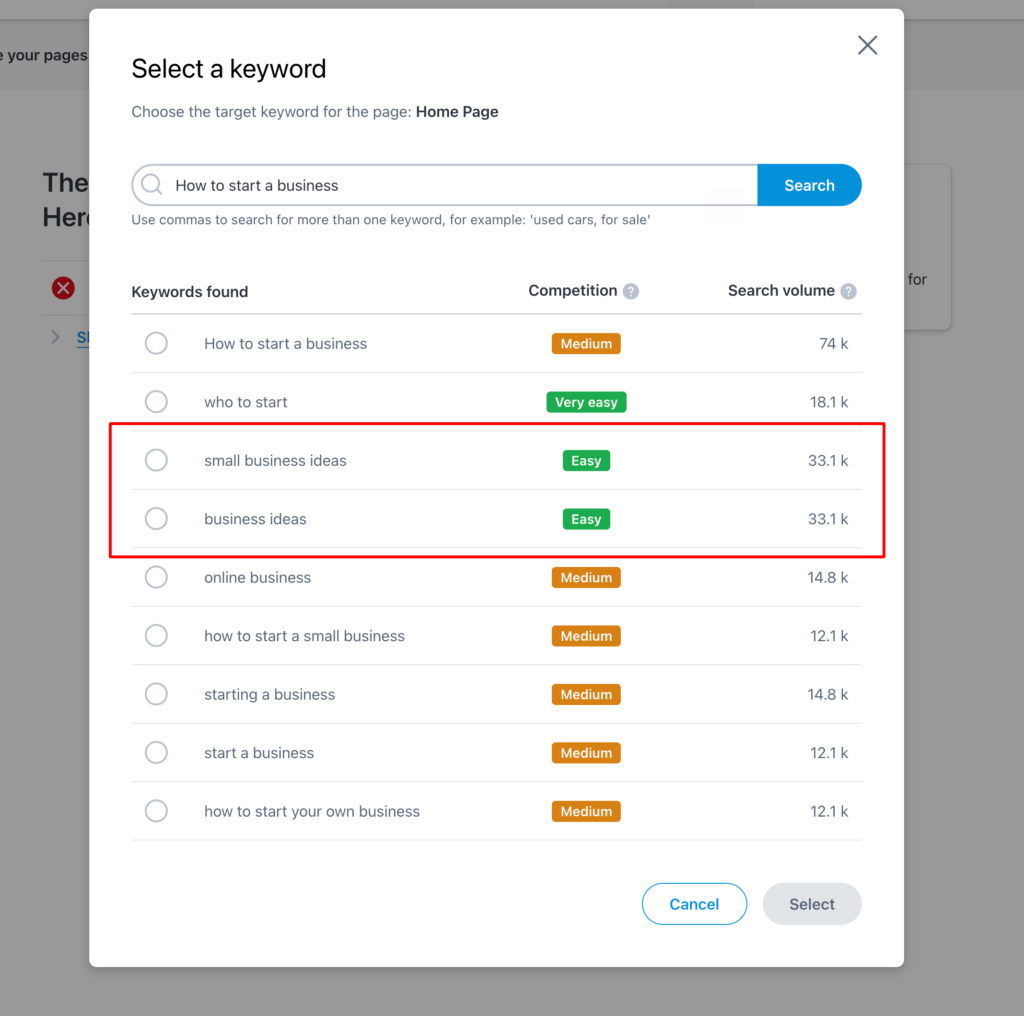 A screenshot of MarketGoo DIY SEO software keyword research page.